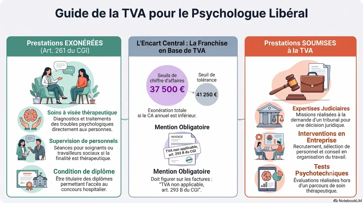 TVA et exonération pour les psychologues libéraux : actes de soins, franchise en base et activités taxables