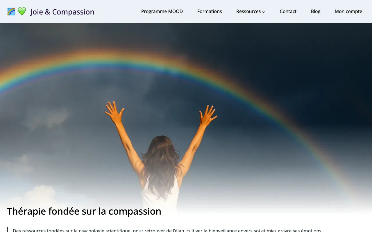 Site Joie & Compassion — refonte visuelle et SEO WordPress, Isabelle Leboeuf, thérapie fondée sur la compassion
