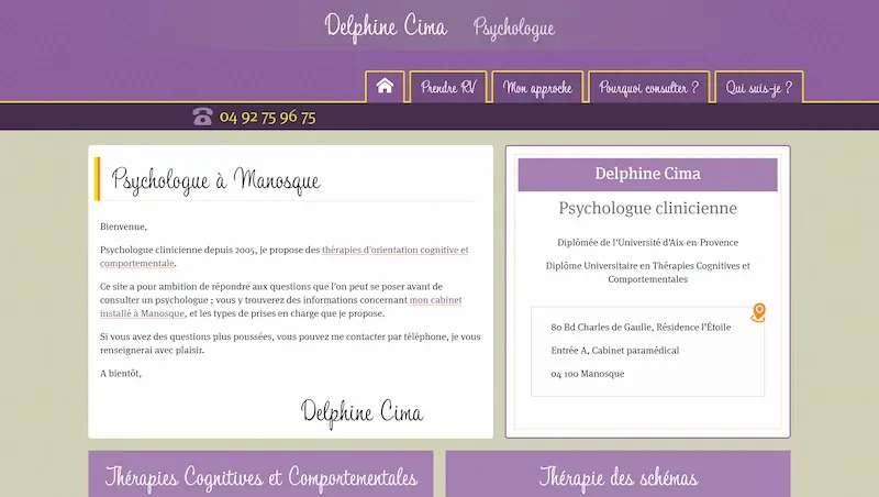 Site vitrine psychologue Delphine Cima à Manosque — contenus et contact