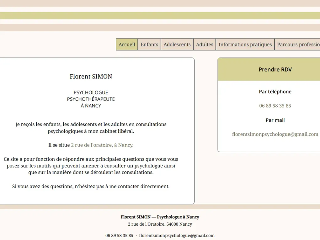 Site vitrine psychologue Florent Simon à Nancy — accueil et prise de contact
