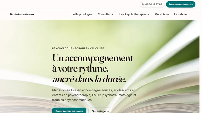 Site internet psychologue Marie-Josée Grasso à Sorgues — page d’accueil et informations cabinet