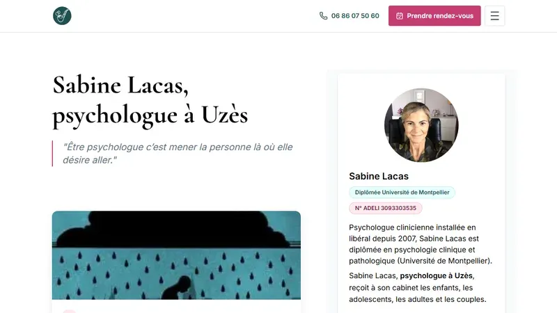 Capture du site vitrine psychologue Sabine Lacas à Uzès — présentation et prise de contact